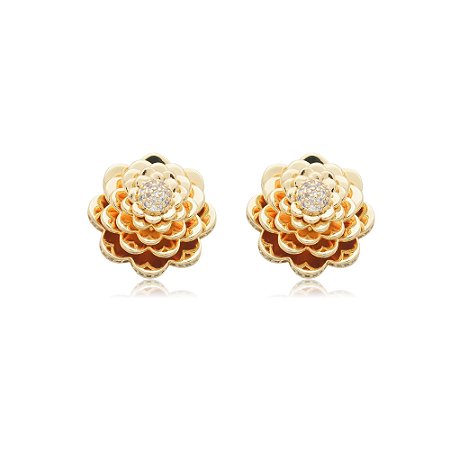 Brinco de base de flor dourado com detalhes cravejado de zirconia cristal
