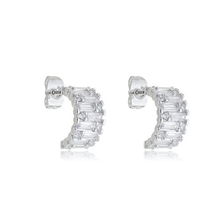 Brinco de argola com zirconia cristal banho em rodio branco