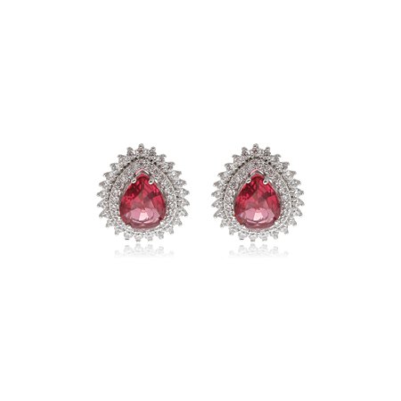 Brinco de base gota com zirconia rubi banho em rodio branco