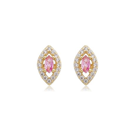 Brinco de base com zirconia pink banho em ouro 18k