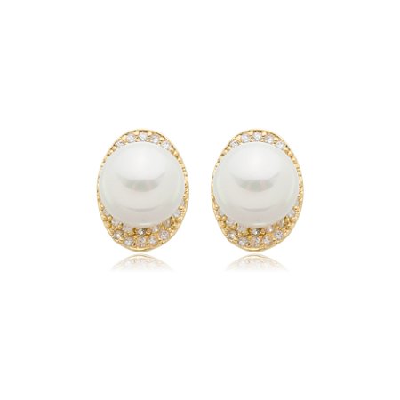 Brinco de base com perola e zirconia cristal banho em ouro 18k