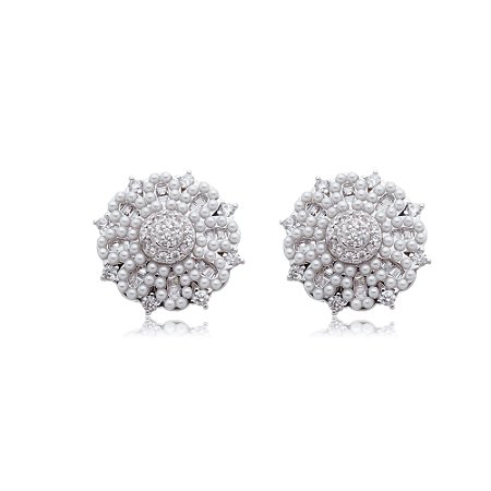 Brinco de base com perola e zirconia cristal banho em rodio branco