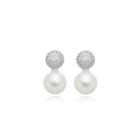 Brinco de base com perola e zirconia cristal banho em rodio branco
