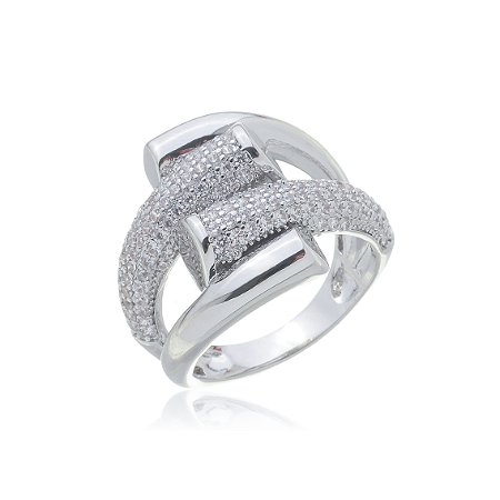 Anel cravejado de zirconia cristal banho em rodio branco