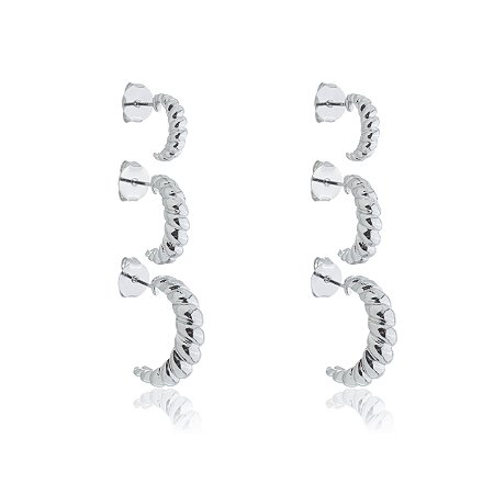 Brinco de trio de argola liso banho em rodio branco