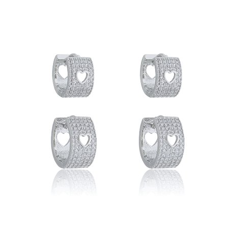 Brinco de argola duplo de coração cravejado de zirconia banho em rodio branco