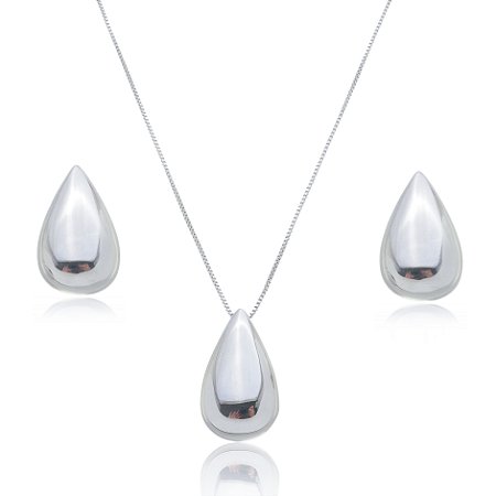 Conjunto de brinco e colar banho em rodio branco