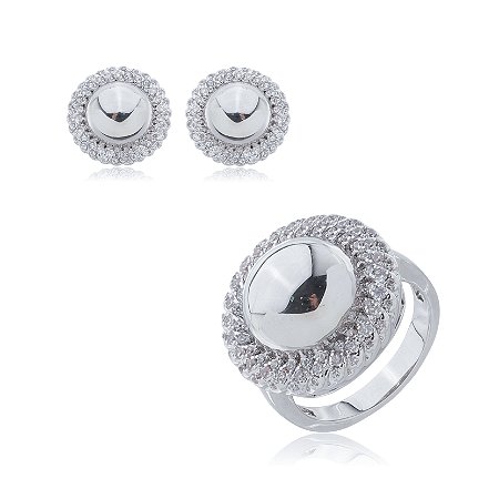 Conjunto de brinco e anel com zirconia cristal banho em rodio branco