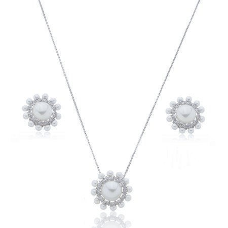 Conjunto de brinco e colar de perola com zirconia banho em rodio branco