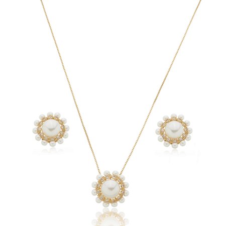 Conjunto de brinco e colar de perola com zirconia cristal banho em ouro 18k
