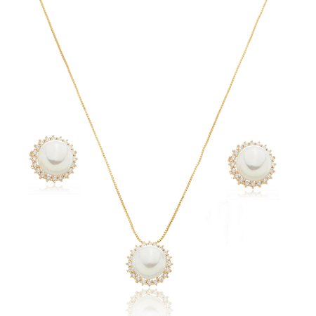 Conjunto de brinco e colar de perola com zirconia cristal banho em ouro 18k