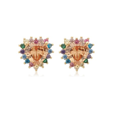 Brinco de base de coração cravejado de zirconia colorida banho em ouro 18k