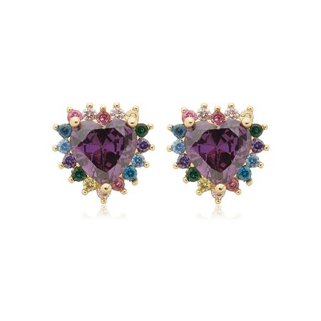 Brinco de base de coração cravejado de zirconia colorida banho em ouro 18k
