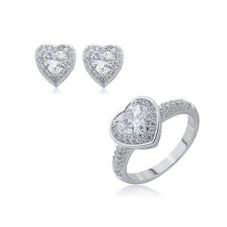 Conjunto de brinco e anel de coração com zirconia cristal banho em rodio branco