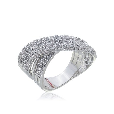 Anel cravejado de zirconia cristal banho em rodio branco