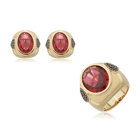 Conjunto de brinco e anel de luxo cravejado de zirconia banho em ouro 18k