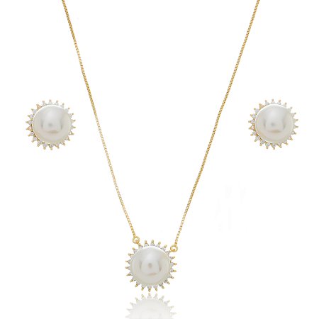 Conjunto de brinco e colar de perola com zirconia cristal banho em ouro 18k