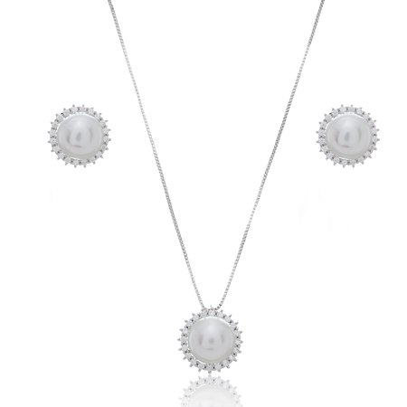 Conjunto de brinco e colar de perola com zirconia cristal banho em rodio branco