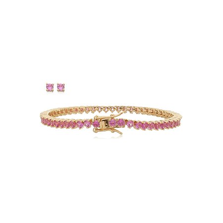 Conjunto de brinco e pulseira de riviera com zirconia rosa banho em ouro 18k