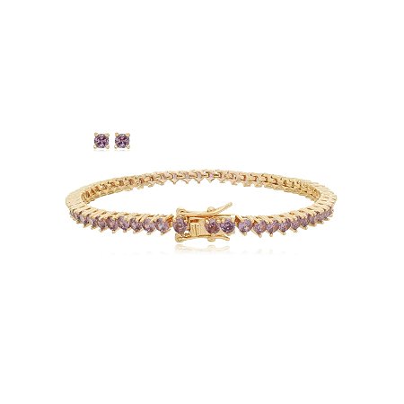 Conjunto de brinco e pulseira de riviera com zirconia ametista banho em ouro 18k