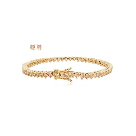 Conjunto de brinco e pulseira de riviera com zirconia morganita banho em ouro 18k