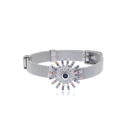 Pulseira lisa com pingente cravejado banho em rodio branco