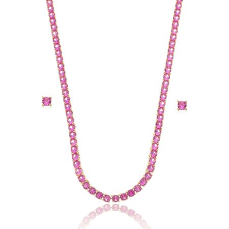 Conjunto de brinco e colar de riviera com zirconia rosa banho em ouro 18k