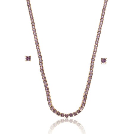 Conjunto de brinco e colar de riviera com zirconia ametista banho em ouro 18k
