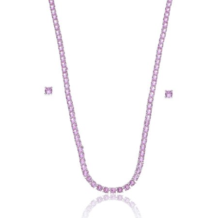 Conjunto de brinco e colar de riviera com zirconia rosa banho em rodio branco