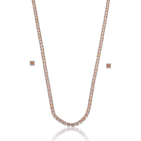 Conjunto de brinco e colar de riviera com zirconia morganita banho em rodio branco