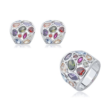 Conjunto de brinco e anel com zirconia colorida com banho em rodio branco