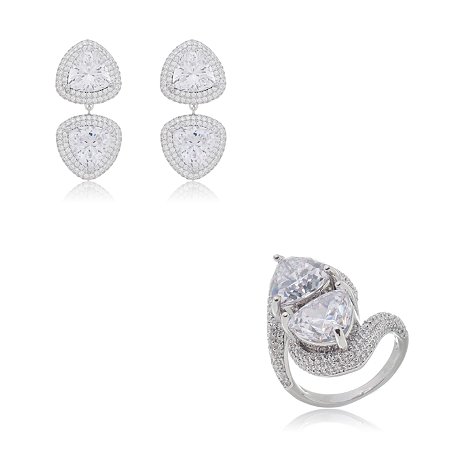 Conjunto de brinco e anel de luxo com zirconia cristal banho em rodio branco