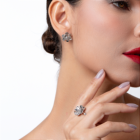 Conjunto de brinco e anel com zirconia cristal banho em rodio branco