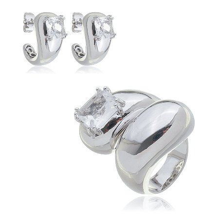 Conjunto de brinco e anel com zirconia cristal banho em rodio branco