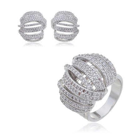 Conjunto de brinco e anel com zirconia cristal banho em rodio branco