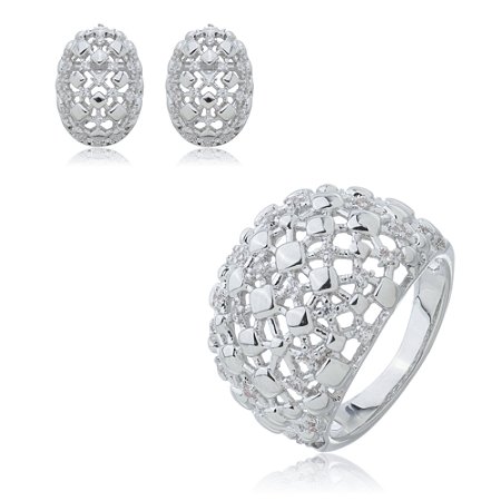 Conjunto de brinco e anel com zirconia cristal banho em rodio branco