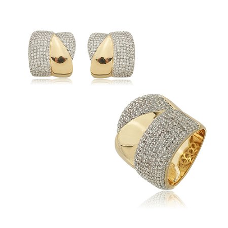 Conjunto de brinco e anel dourado com zirconia banho em ouro 18k