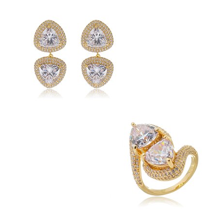 Conjunto de brinco e anel de luxo dourado com zirconia cristal banho em ouro 18k