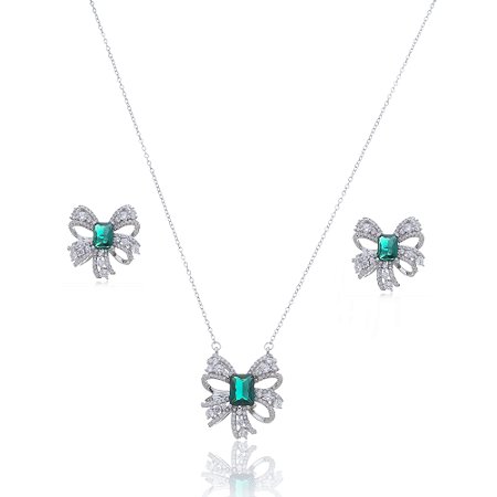 Conjunto de brinco e colar com zirconia esmeralda banho em rodio branco