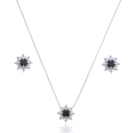 Conjunto de Brinco e Colar Zirconia Onix em Banho Ródio Branco