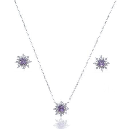 Conjunto de brinco e colar com zirconia ametista banho em rodio branco