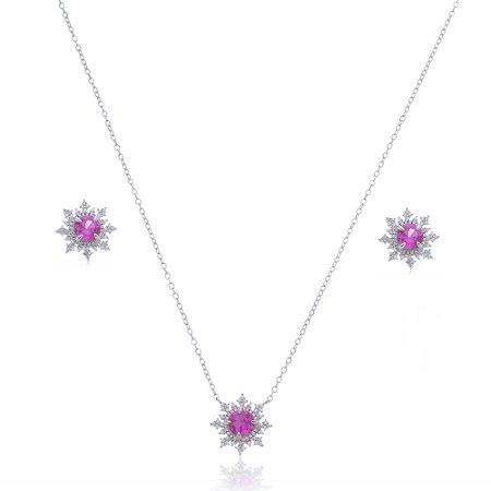Conjunto de brinco e colar com zirconia pink banho em rodio branco
