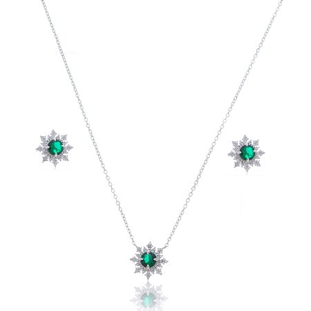 Conjunto de brinco e colar com zirconia esmeralda banho em rodio branco