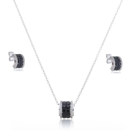 Conjunto de brinco e colar com zirconia onix banho em rodio branco