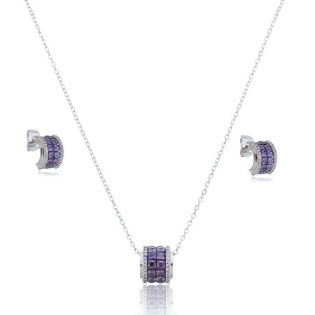Conjunto de brinco e colar com zirconia ametista banho em rodio branco