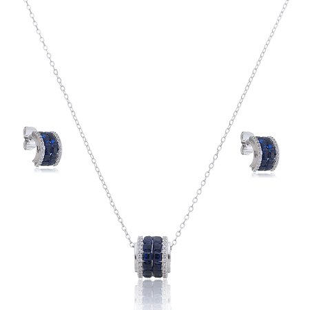 Conjunto de brinco e colar com zirconia zafira banho em rodio branco
