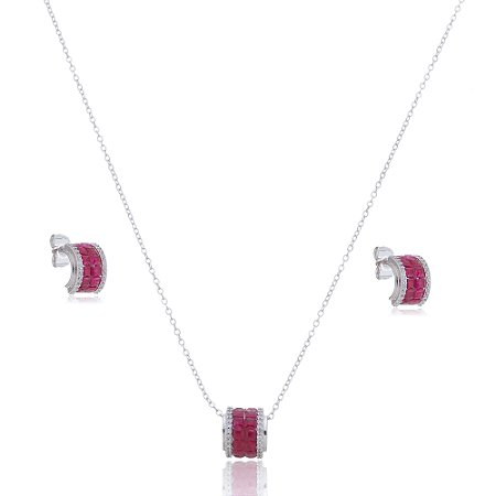 Conjunto de brinco e colar com zirconia pink banho em rodio branco