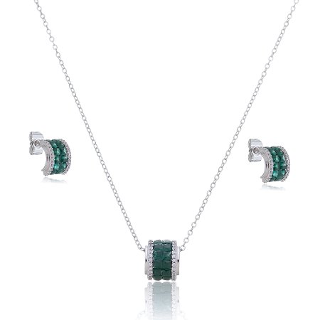 Conjunto de brinco e colar com zirconia esmeralda banho em rodio branco