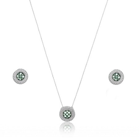 Conjunto de brinco e colar com zirconia esmeralda banho em rodio branco