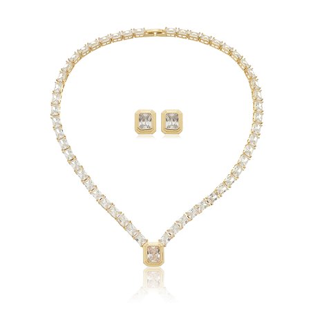 Conjunto de brinco e colar de luxo com zirconia cristal banho em ouro 18k